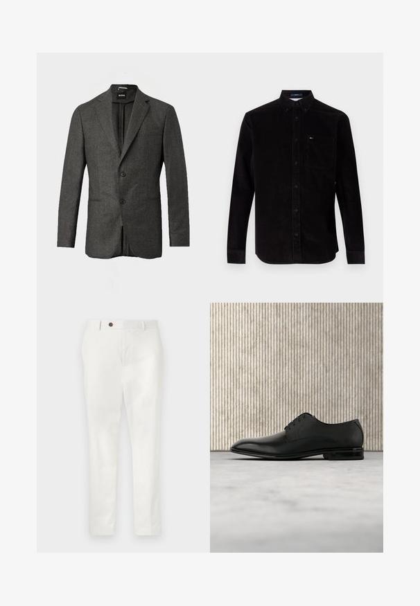 Mørkegrå herreblazer med to forknapper, notched lapels og en brystlomme, vist mod en ensfarvet lys baggrund.; Sort kordfløjlsskjorte med lange ærmer, knap-krave og en brystlomme. Har en subtil tekstur og et lille logo på lommen.; Hvide bukser lavet af letvægtsstof, med lige ben, en enkelt brun knap i taljen og minimalistisk stil.; Sort lædersko med en glat, poleret overflade og tekstureret overdel, der har seks snørehuller og en rundet tå.