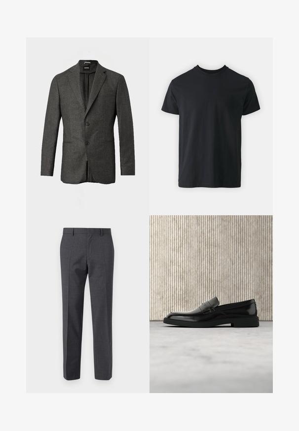 Blazer pour homme gris foncé avec deux boutons à l'avant, revers crantés et poche poitrine, présenté sur un fond clair uni.; T-shirt noir en coton à manches courtes avec un col rond et une coupe décontractée. Texture lisse et ourlet droit, sans graphismes ni motifs visibles.; Pantalons tailleur gris avec une finition texturée, devant plat et design à jambe droite. Comprend des poches latérales et des passants de ceinture.; Mocassin en cuir noir poli flottant au-dessus d'un tapis beige avec un mobilier translucide orange en arrière-plan.