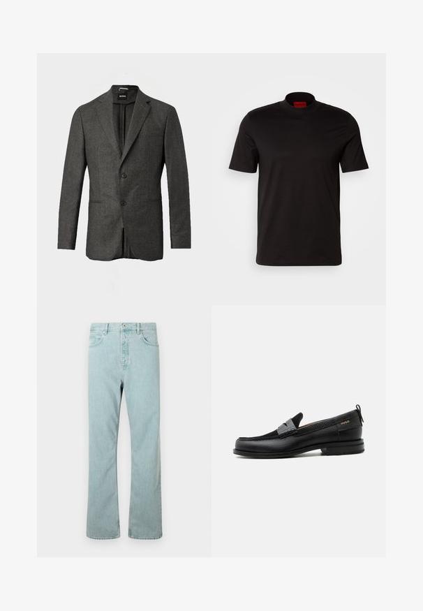 Mørkegrå herreblazer med to forknapper, notched lapels og en brystlomme, vist mod en ensfarvet lys baggrund.; Sort kortærmet t-shirt med høj hals design. Fremstillet af glat stof. Har et rødt mærke på indersiden af kraven.; Lysblå denimjeans med lige ben, fem lommer og en enkelt knaplukning. Afsluttet med diskrete syninger.; Sort læderloafer med grå remdetalje, lav hæl og tekstureret sål, mærket med "HUGO" i guld på siden.