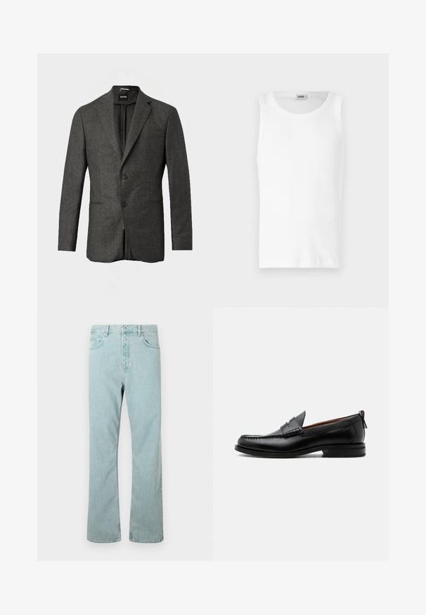 Blazer de hombre en gris oscuro con dos botones en la parte frontal, solapas con muesca y un bolsillo en el pecho, mostrado sobre un fondo claro y liso.; Camiseta sin mangas de algodón blanco con cuello redondo y una textura suave. Diseño sencillo, sin patrones ni acentos.; Jean de mezclilla azul claro con un corte recto, cinco bolsillos y un cierre de botón único. Terminado con detalles de costura sutiles.; Mocasín de hombre de piel negra con costura moc toe, tira penny, cuello texturizado y tacón bajo apilado sobre fondo blanco.
