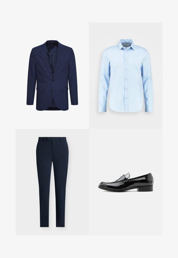 Marineblaues Blazer aus strukturiertem Stoff, mit einer Zwei-Knopf-Verschluss, einem geflammten Revers und Taschen auf der Vorderseite. Innen ist das Blazer mit einem gemusterten Futter ausgestattet.; Helles blaues Langarm-Hemd mit Knopfleiste, aus glattem Stoff gefertigt, mit spitzem Kragen, Vorderknopfleiste und abgerundetem Saum.; Navyblaue Slim-Fit-Hosen aus glattem Stoff, mit flachem Frontdesign, Gürtelschlaufen und sauberem Abschluss an den Knöcheln.; Schwarzer Lackleder-Herrenschuh mit niedrigem Absatz, rundem Zehenbereich und Riemendetail über dem Spann vor weißem Hintergrund.