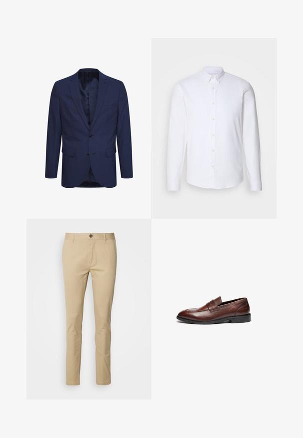 Marineblaues Blazer aus strukturiertem Stoff, mit einer Zwei-Knopf-Verschluss, einem geflammten Revers und Taschen auf der Vorderseite. Innen ist das Blazer mit einem gemusterten Futter ausgestattet.; Weißes Hemd mit langen Ärmeln und Knopfleiste aus glattem Stoff, mit klassischem Kragen, acht Knöpfen auf der Vorderseite und normalen Manschetten.; Beige Chinos mit schmaler Passform, aus Baumwolle gefertigt. Mit Knopfverschluss, Gürtelschlaufen und subtilen Nähten an den Taschen.; Braune Lederloafer mit glatter Oberfläche, abgerundeter Spitze, dekorativem Riemen und schwarzer Gummisohle. Merkmale sind minimale Nähte.