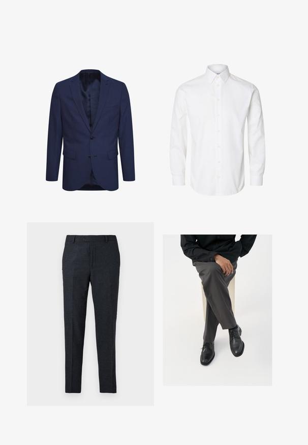 Blazer azul marino hecho de tela texturizada, con cierre de dos botones, solapa con muesca y bolsillos frontales. El interior tiene un forro estampado.; Camisa blanca de manga larga con cuello puntiagudo, botones visibles en la parte delantera y puños abotonados.; Pantalones ajustados en gris oscuro hechos de una tela texturizada. Presenta un cierre de botón único y un diseño de pierna recta con bolsillos laterales.; Zapatos de cuero negro con cordones y acabado pulido, combinados con pantalones grises a medida, exhibidos en una posición sentada contra un fondo blanco.