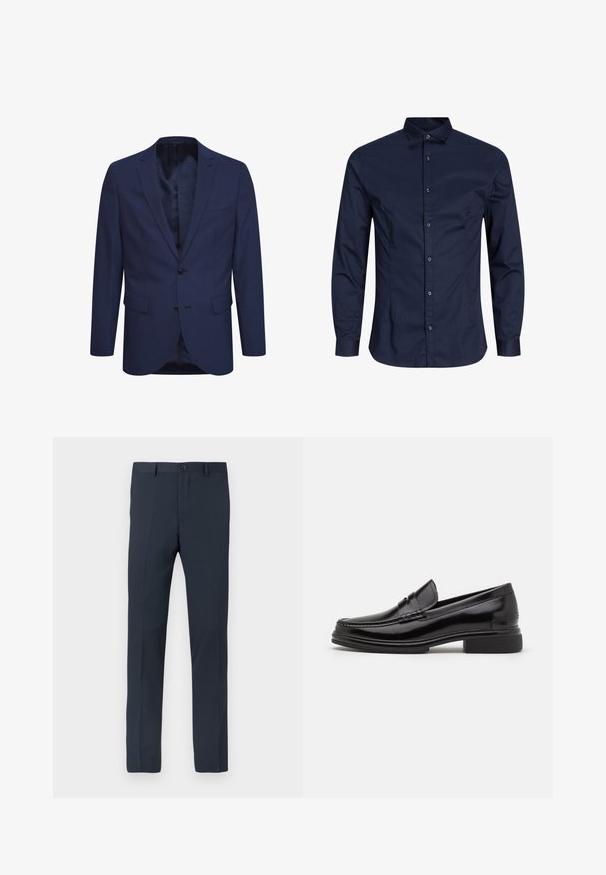 Marineblauwe blazer gemaakt van gestructureerde stof, met een twee-knopen sluiting, een notch revers en voorzakken. Binnenin is er een met patroon gevoerde voering.; Navy blauwe langärmige button-up shirt, katoen stof, met kraag, voorste knoopsluiting, gladde textuur, zonder merkbare patronen of accenten.; Navyblauwe broek gemaakt van gladde stof, met een slim fit, riemlussen, een knoopsluiting aan de voorkant en twee zijzakken.; Zwarte leren instappers met een afgeronde neus, voorzien van een gestikte detail over de wreef, en een lage blokhak. Glad textuur en glanzende afwerking.