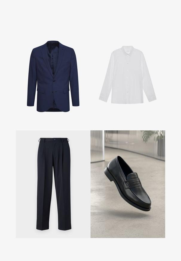 Marineblaues Blazer aus strukturiertem Stoff, mit einer Zwei-Knopf-Verschluss, einem geflammten Revers und Taschen auf der Vorderseite. Innen ist das Blazer mit einem gemusterten Futter ausgestattet.; Weiße Langarmbluse aus glattem Stoff, mit spitzem Kragen, Knopfleiste vorne und Ein-Knopf-Manschetten.; Marineblaue, maßgeschneiderte Hose mit Knopf- und Reißverschluss vorne, Gürtelschlaufen und Seitentaschen, gezeigt auf weißem Hintergrund.; Schwarzer Lederloafer mit glatter Textur, spitzer Zehe und einem dekorativen Riemen über dem Rist. Leichte Sohle, minimalistisches Design.