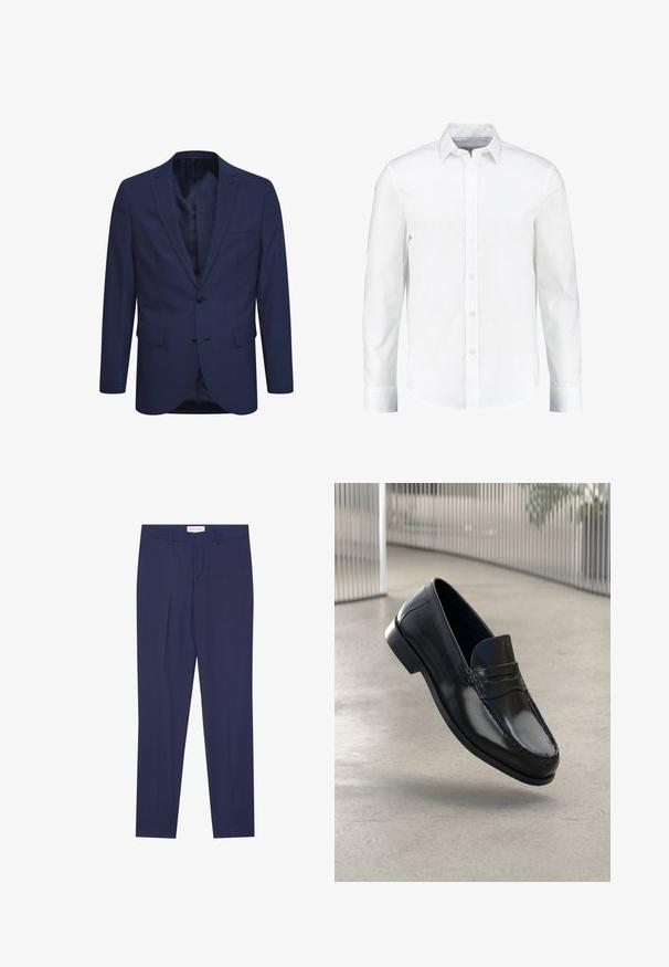 Marineblaues Blazer aus strukturiertem Stoff, mit einer Zwei-Knopf-Verschluss, einem geflammten Revers und Taschen auf der Vorderseite. Innen ist das Blazer mit einem gemusterten Futter ausgestattet.; Weißes langärmliges Hemd mit Knöpfen aus glattem Baumwollstoff. Verfügt über einen klassischen Kragen und eine durchgehende Knopfleiste mit geradem Saum.; Marineblau Anzughose aus glattem Stoff, mit geradem Bund, zwei Seiten- und einem Reißverschluss, sowie einem schlichten Saum ohne Muster oder Akzente.; Schwarze Leder-Loafer mit glatter Oberfläche, abgerundeter Spitze, dekorativen Nähten und leicht erhöhtem Absatz.