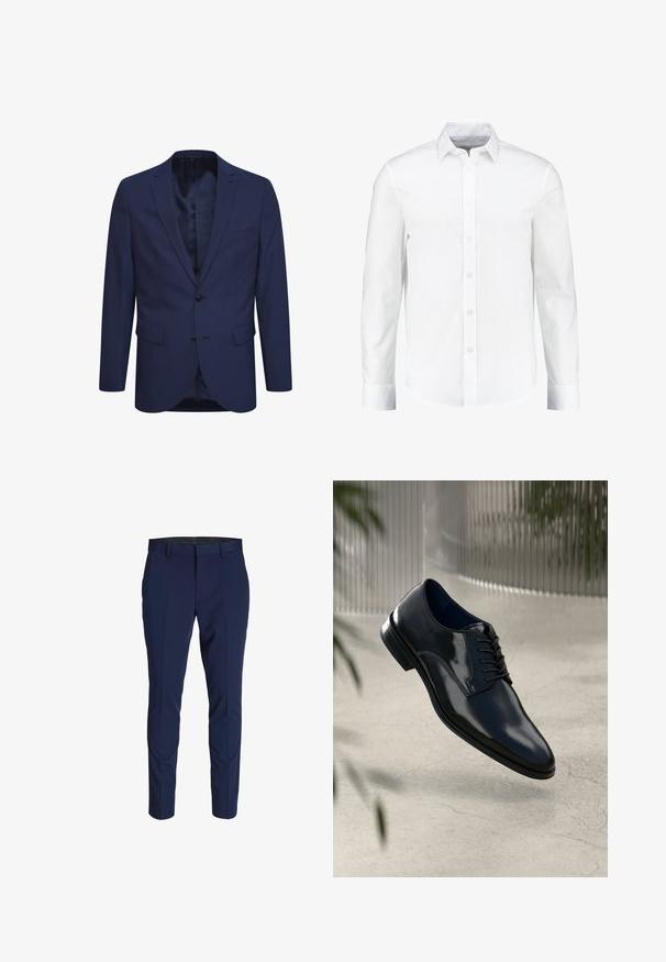 Marineblaues Blazer aus strukturiertem Stoff, mit einer Zwei-Knopf-Verschluss, einem geflammten Revers und Taschen auf der Vorderseite. Innen ist das Blazer mit einem gemusterten Futter ausgestattet.; Weißes langärmliges Hemd mit Knöpfen aus glattem Baumwollstoff. Verfügt über einen klassischen Kragen und eine durchgehende Knopfleiste mit geradem Saum.; Marineblaue Hose im Slim Fit, aus glattem Stoff, mit vorderem Bundfalten und flachem Bund. Keine sichtbaren Beschläge oder Muster.; Dunkelblaue Lederschuhe mit einem polierten Finish, Schnürdesign, leicht geschwungenem Zehenbereich und einer glatten Textur.