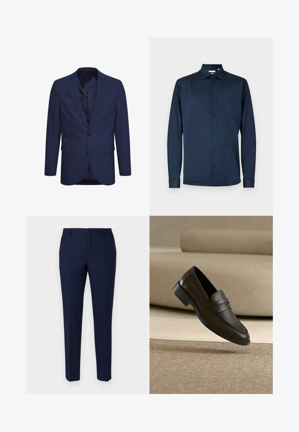 Blazer azul marino hecho de tela texturizada, con cierre de dos botones, solapa con muesca y bolsillos frontales. El interior tiene un forro estampado.; Camisa de manga larga azul marino hecha de tela suave, con cuello clásico, tapeta de botones completa y puños abotonados.; Pantalones de traje azul marino confeccionados con una tela suave, que presentan un cierre de botón, frente plano y piernas ajustadas para un ajuste moderno.; Zapato mocasín de cuero negro descansando sobre una alfombra beige con un sofá beige curvado en el fondo.