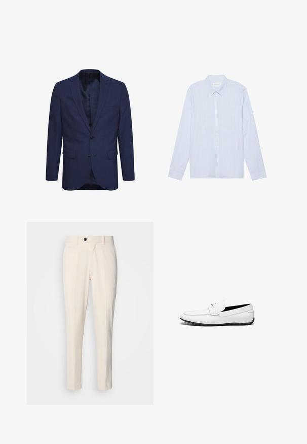 Mørkeblå blazer lavet af tekstureret stof, med en to-knaps lukning, en notch revers og forlommer. Indvendig er der et mønstret foer.; Lyseblå stribet langærmet skjorte med knapper. Har en traditionel krave, hvide knapper og et glat bomuldsblandingsstof.; Beige skræddersyede bukser med flad front, enkelt knaplukning og to skrå sidelommer. Glat stof med en slim fit og tætsiddende ben.; Hvide læder loafers med en glat overflade, prydet med en syning, en rund tå og en sort gummisål for godt greb.