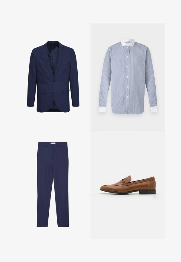 Blazer azul marino hecho de tela texturizada, con cierre de dos botones, solapa con muesca y bolsillos frontales. El interior tiene un forro estampado.; Camisa de manga larga con botones, con rayas verticales azules y blancas, cuello blanco y puños blancos sobre un fondo liso.; Pantalones de vestir de color navy, confeccionados en una tela suave, con un corte plano en la parte delantera, dos bolsillos laterales, cremallera y dobladillo limpio sin patrones ni acentos.; Mocasines de cuero marrón con tacón plano, que cuentan con un acento metálico decorativo en la parte delantera, diseño elegante y textura suave.