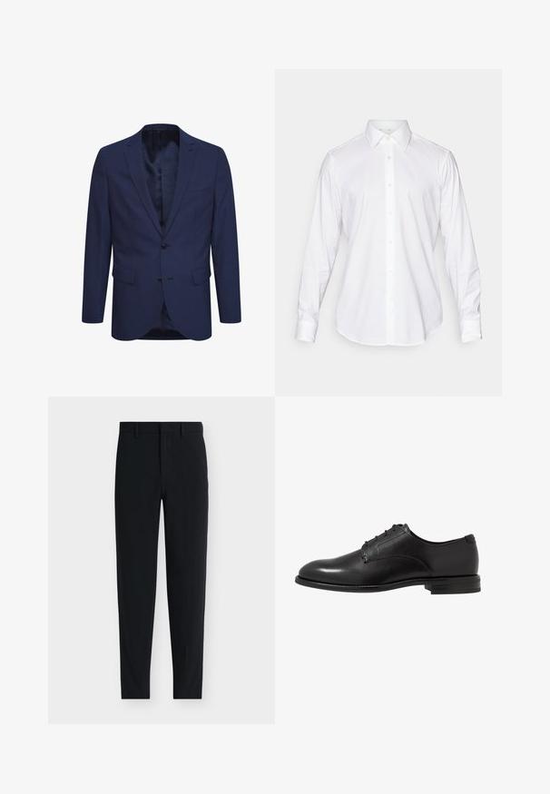 Marineblauwe blazer gemaakt van gestructureerde stof, met een twee-knopen sluiting, een notch revers en voorzakken. Binnenin is er een met patroon gevoerde voering.; Witte lange mouw knoopshirt met een klassieke kraag, een gladde stof en een voorpaneel met lichte, ronde knopen.; Zwarte op maat gemaakte slim-fit broek met riemlussen en een verborgen voorvaksluiting, getoond op een witte achtergrond.; Zwarte leren dresschoen met een gladde afwerking, ronde neus, zes oogjes en een lage gestapelde hak. Eenvoudig, klassiek ontwerp.
