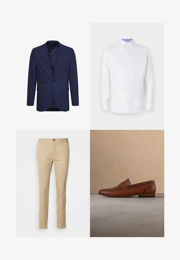 Marineblaues Blazer aus strukturiertem Stoff, mit einer Zwei-Knopf-Verschluss, einem geflammten Revers und Taschen auf der Vorderseite. Innen ist das Blazer mit einem gemusterten Futter ausgestattet.; Weißes Langarmhemd mit Knopfleiste, das ein hellblaues kariertes Muster innen am Kragen und an den Manschetten aufweist. Glatte Stoffoberfläche.; Beige Chinos mit schmaler Passform, aus Baumwolle gefertigt. Mit Knopfverschluss, Gürtelschlaufen und subtilen Nähten an den Taschen.; Brauner Leder-Slipper schwebt über einem beigen Teppich mit einem unscharfen hellbraunen Sofa im Hintergrund.