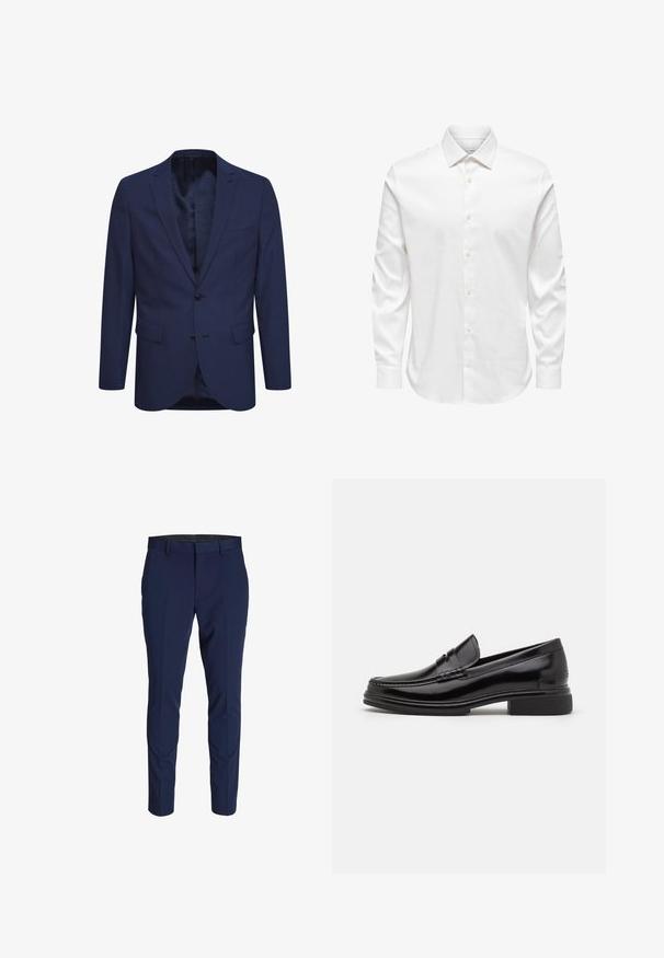 Marineblaues Blazer aus strukturiertem Stoff, mit einer Zwei-Knopf-Verschluss, einem geflammten Revers und Taschen auf der Vorderseite. Innen ist das Blazer mit einem gemusterten Futter ausgestattet.; Weißes Herrenhemd mit langen Ärmeln, spitzem Kragen und einer vorderen Reihe weißer Knöpfe auf einfarbigem Hintergrund.; Marineblaue Hose im Slim Fit, aus glattem Stoff, mit vorderem Bundfalten und flachem Bund. Keine sichtbaren Beschläge oder Muster.; Schwarze Lederloafers mit runder Zehenform, ausgestattet mit einer genähten Detail über dem Vorderschaft und einem niedrigen Blockabsatz. Glatte Textur und glänzende Oberfläche.