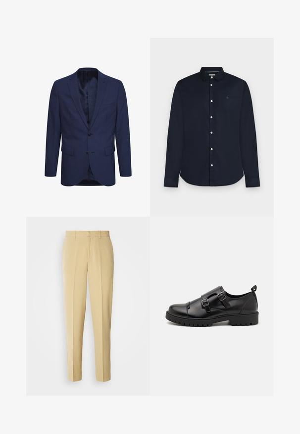 Marineblaues Blazer aus strukturiertem Stoff, mit einer Zwei-Knopf-Verschluss, einem geflammten Revers und Taschen auf der Vorderseite. Innen ist das Blazer mit einem gemusterten Futter ausgestattet.; Herrenlangarm dunkelblaues Hemd mit Kragen und weißen Knöpfen, dargestellt auf hellgrauem Hintergrund.; Beige maßgeschneiderte Hose mit geradem Schnitt, flachem Frontteil und seitlichen Taschen. Hergestellt aus einem glatten Stoff mit leichtem Glanz.; Pier One by Zalando Business-Slipper - black