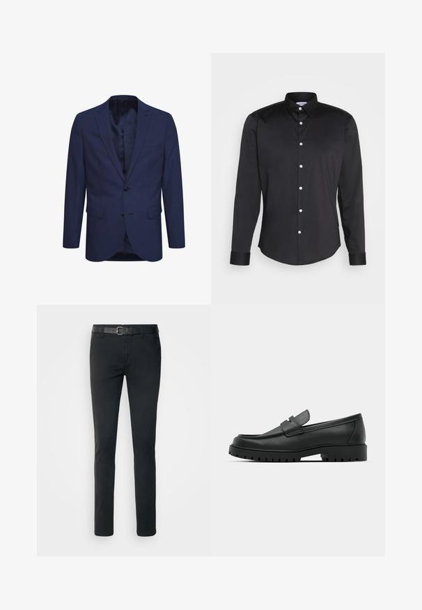 Mørkeblå blazer lavet af tekstureret stof, med en to-knaps lukning, en notch revers og forlommer. Indvendig er der et mønstret foer.; Sort langærmet skjorte lavet af glat stof, med spidse krave, frontlukning med hvide knapper og enkeltknapmanchetter.; Sorte chinos med en slim fit, udstyret med et struktureret sort bælte og forlommer, lavet af et letvægts, holdbart bomuldsblandingsmateriale.; Sorte læder loafers med rund tå, der har et syet design, lav platformssål og en struktureret, skridsikker gummisål.