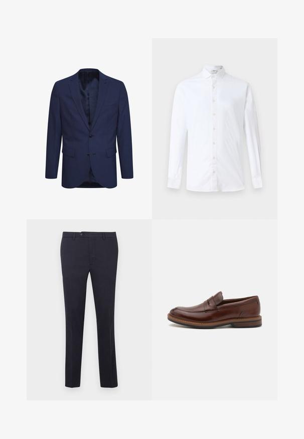 Marineblaues Blazer aus strukturiertem Stoff, mit einer Zwei-Knopf-Verschluss, einem geflammten Revers und Taschen auf der Vorderseite. Innen ist das Blazer mit einem gemusterten Futter ausgestattet.; Weißes Langarm-Hemd mit Knöpfen aus Baumwolle, klassischem Kragen, geradem Schnitt und glatter Textur mit passenden Knöpfen.; Marineblaue Baumwollhose mit geradem Schnitt, ausgestattet mit einem Knopfverschluss, Gürtelschlaufen und ohne sichtbare Muster oder Akzente.; Braune Lederloafers mit einer glatten Oberfläche, die über ein gesticktes Design, einen Slipper-Stil und eine strukturierte Gummisohle für besseren Halt verfügen.