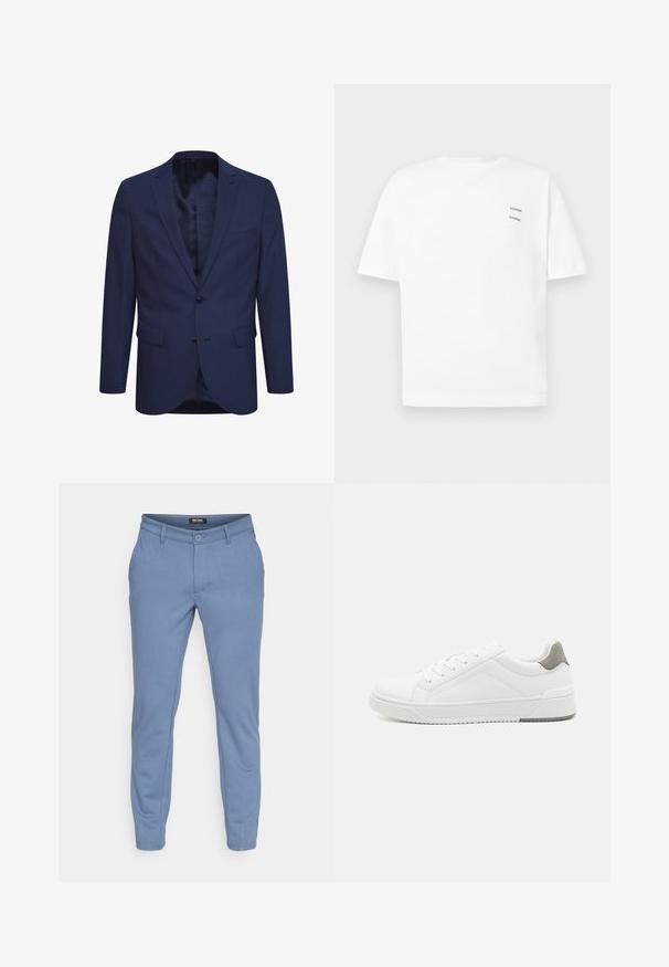 Marineblaues Blazer aus strukturiertem Stoff, mit einer Zwei-Knopf-Verschluss, einem geflammten Revers und Taschen auf der Vorderseite. Innen ist das Blazer mit einem gemusterten Futter ausgestattet.; Weißes Baumwoll-T-Shirt mit lässiger Passform, kurzen Ärmeln und V-Ausschnitt. Verfügt über zwei kleine schwarze gedruckte Logos auf der linken Seite.; Helle blaue, eng anliegende Hose aus weichem Stoff mit glatter Textur. Mit einer vorderen Knopfleiste, Taschen und gesteppten Details.; Weißer Sneaker aus glattem Leder, runde Zehenpartie, minimalistisches Design, graue Fersenkante und strukturierte Gummisohle.