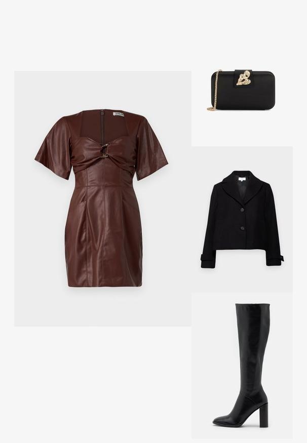Sort cropped jakke med spidse kraver, to frontknapper og knappede manchetter. Fremstillet af stof med en glat tekstur.; Brun læder mini kjole med firkantet halsudskæring, korte ærmer, forstyret detalje foran og lynlås lukning bagpå.; Knæhøje sorte læderstøvler med spids tå og kraftig hæl. Glat tekstur med minimale detaljer og et tætsiddende skaftdesign.; Sort rektangulær clutch med afrundede kanter, abstrakt guldlås og guldkæde på hvid baggrund.