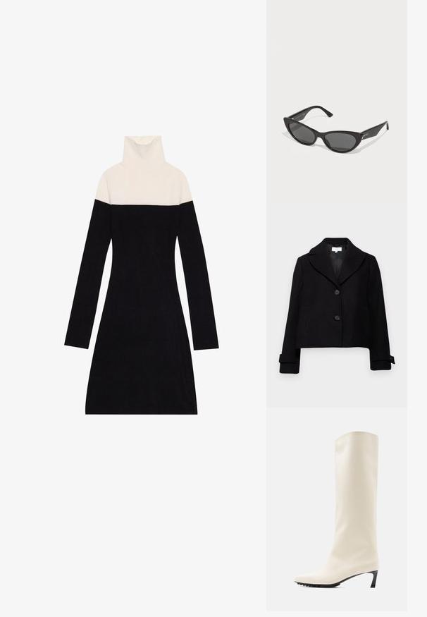 Sort cropped jakke med spidse kraver, to frontknapper og knappede manchetter. Fremstillet af stof med en glat tekstur.; Turtleneck kjole med en cremet overdel og en ensfarvet sort bund. Lavet af et blødt stof med lange ærmer og en tætsiddende silhuet.; Knæhøj hvid støvle lavet af glat materiale med spids tå og slank sort hæl. Har et enkelt design og minimal branding.; Sorte cat-eye solbriller med mørke linser, glatte plastikrammer og affasede arme med subtil branding på stangen.