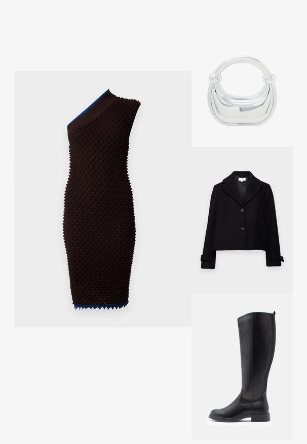 Veste noire courte avec col cranté, deux boutons à l'avant et poignets boutonnés. Fabriquée dans un tissu à la texture lisse.; Robe tricotée marron avec une surface texturée et un design asymétrique sur une épaule. Présente un col côtelé bleu et des détails de ourlet ondulé.; Bottes en cuir noir jusqu'au genou avec un bout rond, des panneaux latéraux élastiques et un petit talon carré, présentant une texture lisse et un design simple.; Sac à main en métal argenté avec une forme arrondie, une texture lisse et une double anse. Pas de motifs ou d'accents visibles.