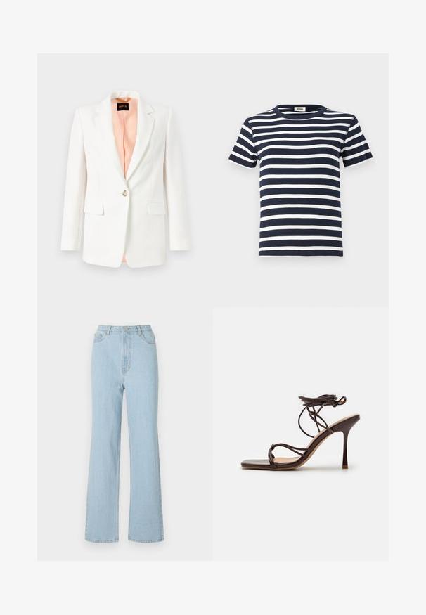 Blazer blanc avec un col cranté, fermeture à un bouton, et deux poches avant. Doublé en tissu pêche doux. Texture lisse, coupe ajustée.; T-shirt rayé bleu marine et blanc en tissu côtelé, avec un col rond et des manches courtes. Le design met l'accent sur les lignes horizontales.; Jean en denim bleu clair taille haute avec une coupe décontractée, jambes larges et design classique à cinq poches. Fait avec un bouton en métal et une fermeture éclair.; Simmi London MACIA - Sandales à talons hauts - chocolate