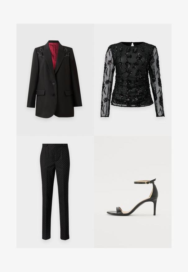 Blazer negro a medida con un forro rojo intenso, que presenta bordados florales en los hombros y dos bolsillos frontales con solapa. Cierre de dos botones.; Top negro de manga larga hecho de tela transparente, con patrones florales bordados adornados con lentejuelas y detalles de fruncido a lo largo del cuerpo.; Pantalones negros de ajuste slim, con un sutil patrón de lunares blancos, dos bolsillos delanteros y una textura de tela suave.; Sándalo de tacón alto de piel negra con tiras en el tobillo. Presenta una textura suave, puntera abierta y un tacón delgado. Detalles de hebilla en tono dorado.