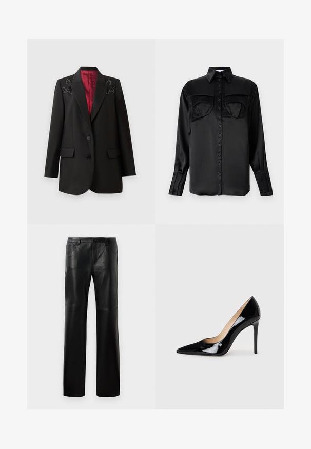 Sort skræddersyet blazer med dyb rød foring, der har blomsterbroderi på skuldrene og to forlommer. To-knap lukning.; Sorte satin skjorte med knaplukning og lange ærmer, to brystlommer, spids krave og enkelt knapdetalje ved ærmet. Glat tekstur.; Sorte læderbukser med lige snit, udstyret med en knap ved taljen, fem lommer og synlige sømme langs sømmene.; Sorte lakerede højhælede sko med en spids tå-design og en strømlinet silhuet. Har en glat, skinnende finish og en slank stiletto-hæl.