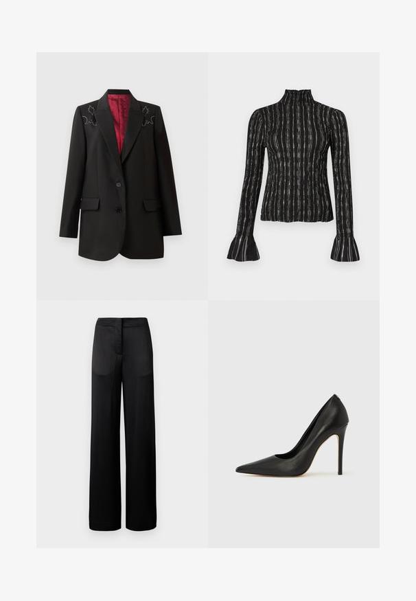 Blazer negro a medida con un forro rojo intenso, que presenta bordados florales en los hombros y dos bolsillos frontales con solapa. Cierre de dos botones.; Top negro de manga larga con cuello alto, con rayas verticales y puños acampanados. El material tiene un acabado texturizado con un ligero brillo.; Pantalones negros de pierna ancha con una superficie texturada, que cuentan con una cintura plana y dos bolsillos laterales. La tela parece ligera y fluida.; Zapato de tacón alto de cuero negro con punta puntiaguda, textura suave y diseño elegante. Cuenta con un tacón de aguja delgado y laterales abiertos.