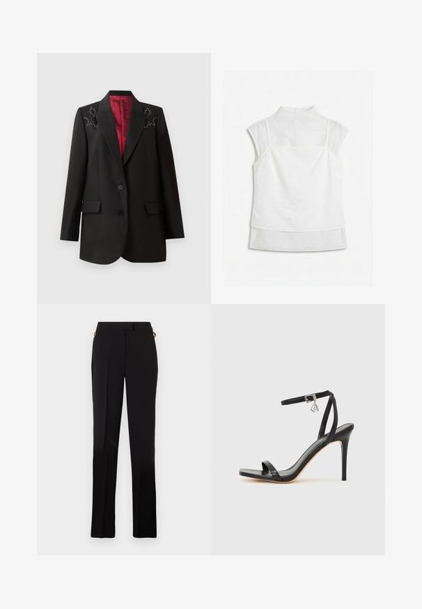 Blazer negro a medida con un forro rojo intenso, que presenta bordados florales en los hombros y dos bolsillos frontales con solapa. Cierre de dos botones.; Blusa blanca sin mangas con capas, cuello simulado y superposición de tela transparente en la parte superior y las mangas, colocada plana sobre un fondo blanco.; Pantalones negros de corte recto, con bolsillos laterales y detalles en la cintura con herrajes dorados. Textura suave.; Sandalia de tacón alto negra con una estrecha correa en el tobillo, punta cuadrada, material de cuero liso y detalle de hebilla metálica.