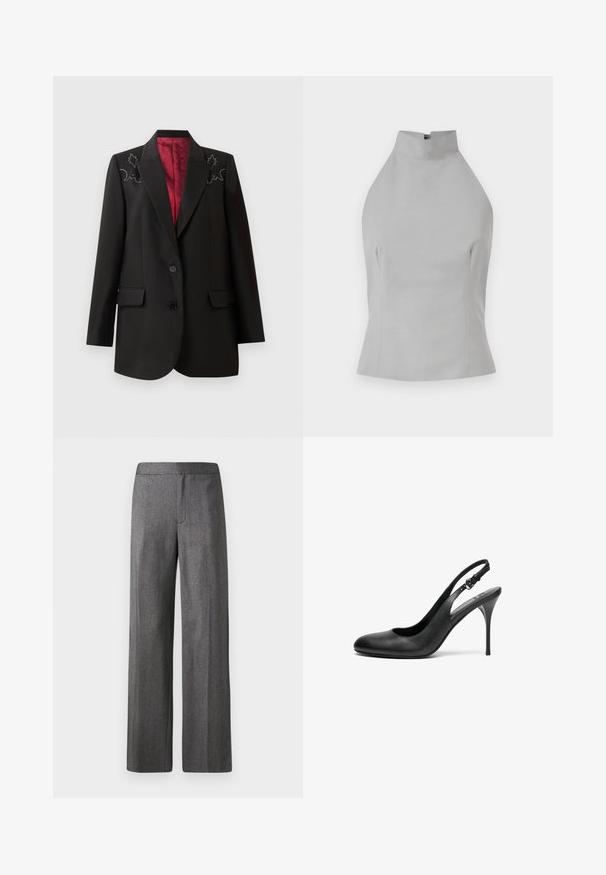 Blazer negro a medida con un forro rojo intenso, que presenta bordados florales en los hombros y dos bolsillos frontales con solapa. Cierre de dos botones.; Top halter gris con un cuello alto, ajuste entallado, textura suave y detalles de costura en los laterales. Sin cierres visibles.; Pantalones de pierna ancha en una tela texturizada de color gris oscuro, con un corte recto y una cintura suave. Sin bolsillos ni cierres visibles.; Zapato de tacón negro de piel con punta afilada, tacón delgado y ajustable. Textura suave y diseño minimalista.