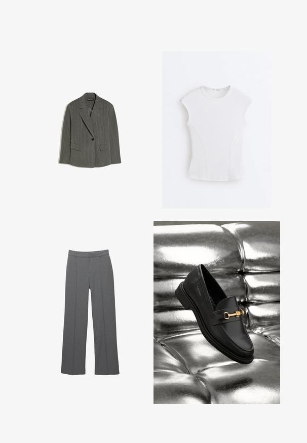 Blazer gris foncé à fines rayures avec revers crantés, fermeture à un bouton noir unique, et deux poches avant à rabat, posé à plat sur fond blanc.; Haut sans manches blanc côtelé avec encolure ronde et détails de coutures courbes sur un fond blanc uni.; Pantalon gris à jambes larges en tissu texturé, avec devant plat, deux plis verticaux et une taille standard.; Mocassin en cuir noir avec un détail en métal doré. La chaussure présente un design épuré et une texture lisse et brillante.