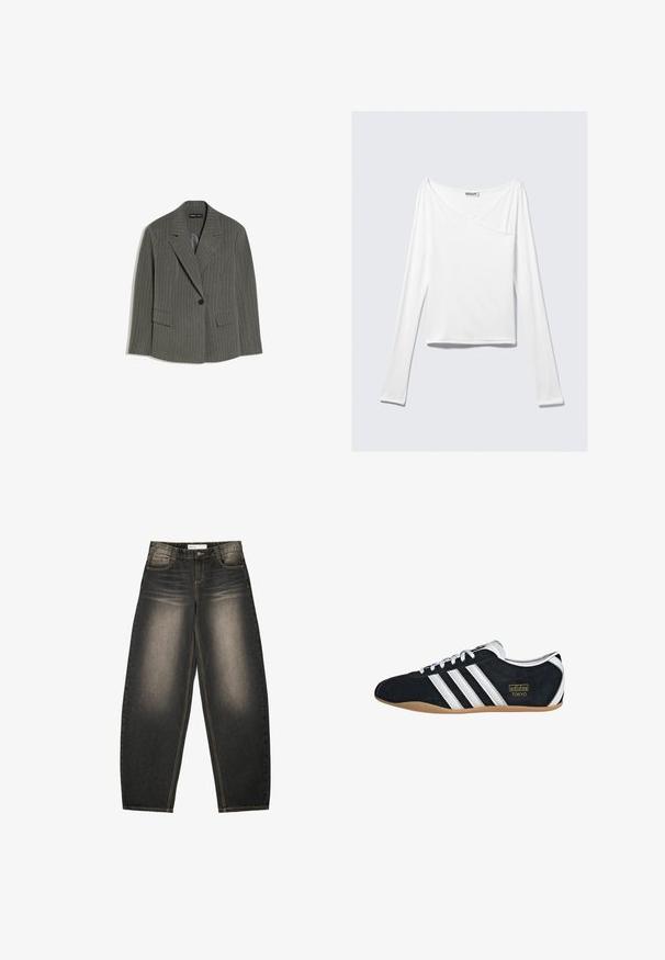 Blazer gris foncé à fines rayures avec revers crantés, fermeture à un bouton noir unique, et deux poches avant à rabat, posé à plat sur fond blanc.; Haut blanc à manches longues avec un design croisé et une poche. Fabriqué dans un tissu lisse et extensible. Coupé dans une coupe décontractée et ample.; Jeans en denim gris à jambes larges avec un léger délavage, cinq poches, des coutures en contraste et une coupe décontractée. Pas de motifs ou d'embellissements visibles.; Sneakers en suede noir avec trois bandes blanches, logo doré et semelle en caoutchouc marron. Présente un design à lacets à profil bas.