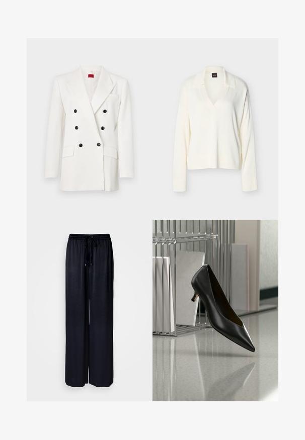 Blazer blanc à double boutonnage avec des boutons noirs, revers à cran, deux poches avant et une finition en tissu texturé. Étiquette de marque rouge à l'intérieur.; Pull en tricot blanc à manches longues avec col et encolure en V, poignets et ourlet côtelés, présenté sur un fond uni.; Pantalon noir à jambes larges en tissu léger avec taille élastique et cordon de serrage ajustable. Texture lisse sans motifs visibles.; Chaussure en cuir noir à bout pointu et talon kitten flottant au-dessus d'un sol gris moucheté, à côté d'un organiseur de fichiers en métal contenant des dossiers.