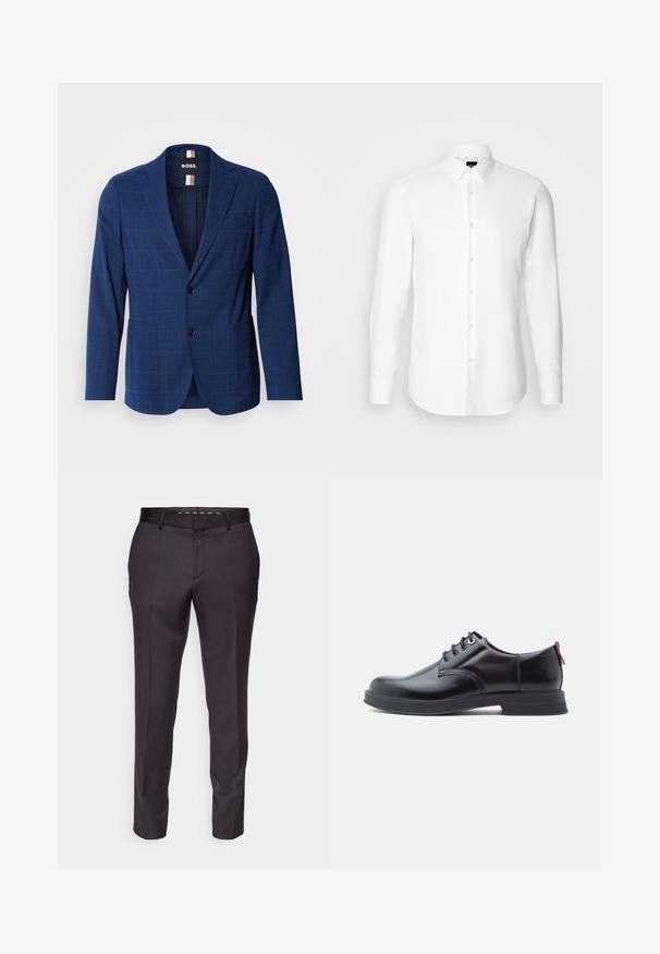 Navyblauer Blazer mit Karomuster, aus strukturiertem Stoff, mit einer Zwei-Knopf-Front, angeschnittenen Revers und zwei Seitentaschen.; Weißes Langarmhemd, vorne mit Knöpfen, klassischer Kragen, aus glattem Stoff mit feiner Textur, für eine figurnahe Passform entworfen.; Maßgeschneiderte schwarze Hose mit glatter Textur, strukturiertem Design und vorderen Falten. Sie hat ein gerades Bein und einen taillierten Bund.; Schwarze Leder-Schnürschuhe mit glatter Textur, rundem Zehenbereich und dezenten Ziernähten. Mit einem roten Laschenband an der Ferse.