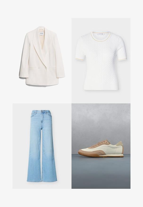 Hvid dobbeltbrystet blazer med skarpe revers, to frontlommer og glat tekstur. Etiketten siger "IVY OAK."; Hvid kortærmet striktop med kabelmønster, rund halsudskæring, subtil beige kant ved krave og ærmekant samt lille broderet logo på brystet.; Lyseblå jeans med høj talje og brede ben, med forreste knap- og lynlåslukning, forlommer og bæltestropper, vist på hvid baggrund.; Sneaker i creme og beige med tekstureret overdel, snørebånd og gummisål, vist oven på en træoverflade med småsten.