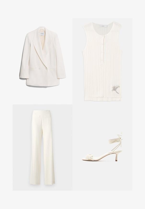 Hvid dobbeltbrystet blazer med skarpe revers, to frontlommer og glat tekstur. Etiketten siger "IVY OAK."; Ermeløs, ribbet tanktop i off-white stof, med knaplukning foran og metallisk blomsterbroderi ved kanten.; Hvide bukser med vidde i stoffet med tekstur, der har subtile lodrette striber og to baglommer.; Kremfarvet sandal med lave hæle, bindebånd om anklen og en bred snoet rem over tæerne på en ensartet hvid baggrund.