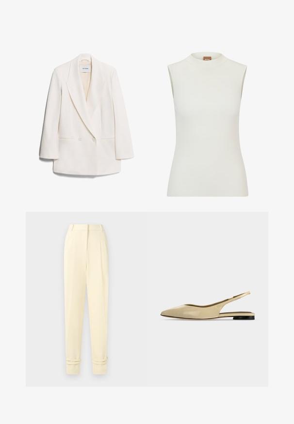 Hvid dobbeltbrystet blazer med skarpe revers, to frontlommer og glat tekstur. Etiketten siger "IVY OAK."; Hvid, ærmeløs top med høj halsudskæring, der har en ribbet tekstur og et tætsiddende design. Brandlabel "BOSS" synlig på kraven.; Højttaljede, skræddersyede bukser i cremefarve med læg, tilspidsede ben og op rullede manchetter ved anklerne, vist mod en ensfarvet baggrund.; Beige spids tå slingback flad sko med lav sort hæl og en glat læderfinish, vist fra siden på en ensfarvet baggrund.