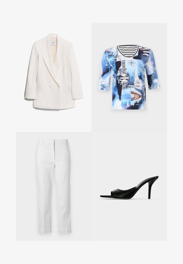 Blazer blanc à double boutonnage avec des revers pointus, deux poches avant et une texture lisse. L'étiquette indique "IVY OAK".; Chemise bleu à thème nautique avec des voiliers, un phare, une boussole et un bateau sur l'eau, avec un col rayé noir et blanc.; Pantalon blanc taille haute à jambes droites avec passants de ceinture, fermeture éclair avant et poches latérales, présenté sur un fond uni.; Mule à talon haut en cuir noir à bout ouvert avec un talon stiletto fin, vue de profil sur un fond uni.