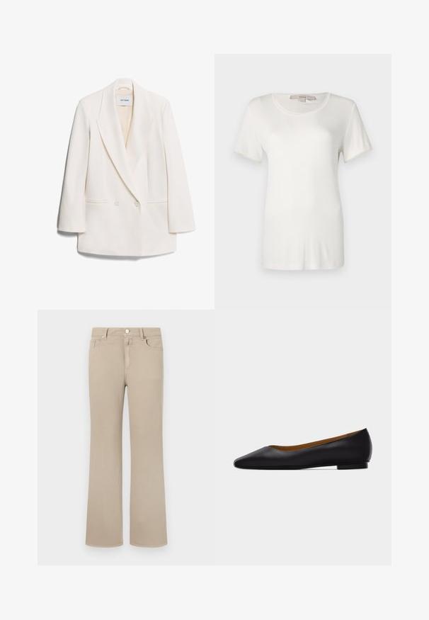 Witte dubbelgeknoopte blazer met scherpe revers, twee voorkeurszakken en een gladde textuur. Etiket leest "IVY OAK."; Witte t-shirt met korte mouwen, gemaakt van zachte, rekbare katoen. Heeft een ronde halslijn en een gladde, effen textuur zonder zichtbare patronen.; Beige flare jeans van zacht katoen. Voorzien van een klassiek vijf-zakken ontwerp, knoopsluiting en nette stiksels langs de randen.; Zwarte leren puntschoen met lage hak en gladde afwerking, zijaanzicht op een lichtgrijze achtergrond.