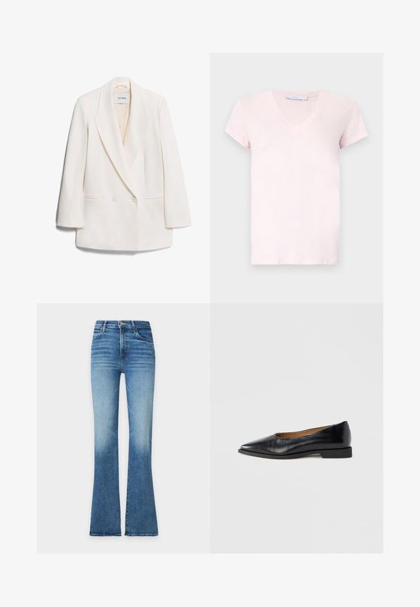 Hvid dobbeltbrystet blazer med skarpe revers, to frontlommer og glat tekstur. Etiketten siger "IVY OAK."; Kortærmet V-hals T-shirt i lys pink. Lavet af blødt stof med en glat tekstur. Minimalistisk design uden mønstre eller yderligere detaljer.; Blå højtaljede denimjeans med falmet vask, forlommer, knaplukning og let udvidede ben på ensfarvet baggrund.; Sort læder flad sko med spids tå og lav firkantet hæl. Glat tekstur, minimalistisk design og uden synlige beslag eller mønstre.