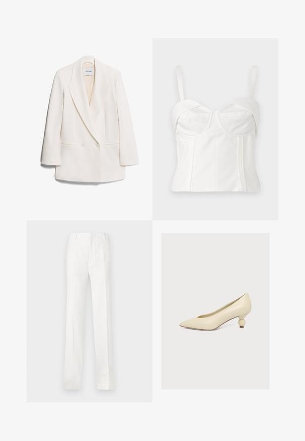 Witte dubbelgeknoopte blazer met scherpe revers, twee voorkeurszakken en een gladde textuur. Etiket leest "IVY OAK."; Witte cropped bralette met verstelbare bandjes, zachte stof, gestructureerde en vrouwelijke top, gebogen halslijn en zijnaden voor definitie.; Witte, rechte broek gemaakt van een lichtgewicht stof. Kenmerkt zich door een platte voorkant, riemlussen en geen zichtbare patronen of versieringen.; Crèmekleurige pumps met een puntige neus en een lage, unieke bolvormige hak op een effen witte achtergrond.
