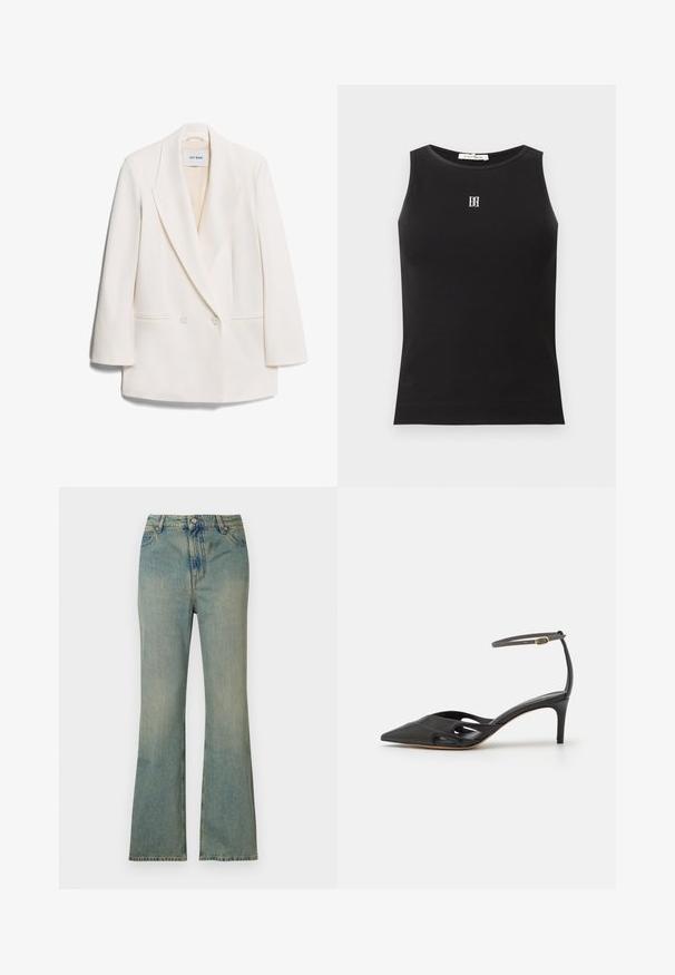 Hvid dobbeltbrystet blazer med skarpe revers, to frontlommer og glat tekstur. Etiketten siger "IVY OAK."; Sort ærmeløs ribbet tanktop med rund halsudskæring og lille hvid broderet logo centreret på brystet.; Lysblå denim flare jeans med høj talje, fem lommer og lynlås. Ren, falmet finish med subtile syninger.; Sort læder højhælet sko med spids tå, åbne sider og en tynd ankelrem med en lille guld detalje.