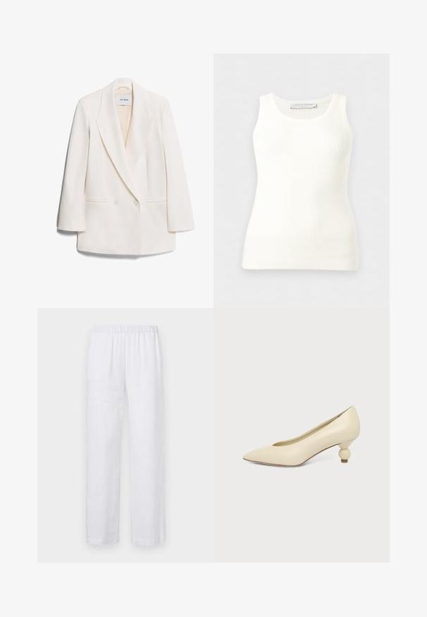 Witte dubbelgeknoopte blazer met scherpe revers, twee voorkeurszakken en een gladde textuur. Etiket leest "IVY OAK."; Witte geribbelde mouwloze tanktop met ronde hals, aansluitende pasvorm en merkembleem aan de binnenkant van de achterkant van de kraag.; ASPESI PANTALONE - Broek - white; Dames schoen in roomkleur met een puntige neus en een lage, ronde balvormige hak op een effen achtergrond.