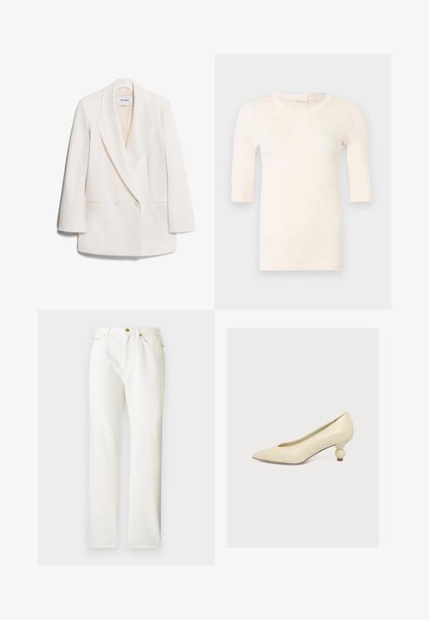 Witte dubbelgeknoopte blazer met scherpe revers, twee voorkeurszakken en een gladde textuur. Etiket leest "IVY OAK."; Lichtroze gebreide top met korte mouwen, ronde halslijn en aangesloten silhouet, getoond tegen een effen lichte achtergrond.; Witte denim broek met een rechte pijpdesign, voorzien van een voorste knoopsluiting en subtiele textuur. Inclusief zijzakken en minimale hardware.; Crèmekleurige pumps met een puntige neus en een lage, unieke bolvormige hak op een effen witte achtergrond.
