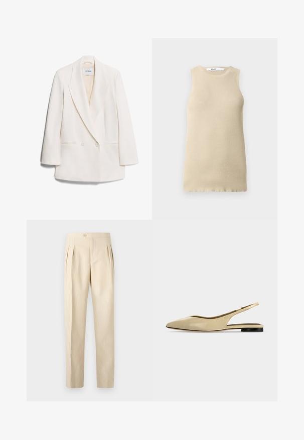 Hvid dobbeltbrystet blazer med skarpe revers, to frontlommer og glat tekstur. Etiketten siger "IVY OAK."; Beige ribbet ærmeløs top med rund halsudskæring, der har en tætsiddende pasform og glat tekstur, ideel til lag-på-lag eller varmt vejr.; Beige, højtaljede bukser med frontfolder, enkelt knaplukning og lige ben. Fremstillet af et struktureret, vævet stof.; Beige spids tå slingback flad sko med lav sort hæl og en glat læderfinish, vist fra siden på en ensfarvet baggrund.