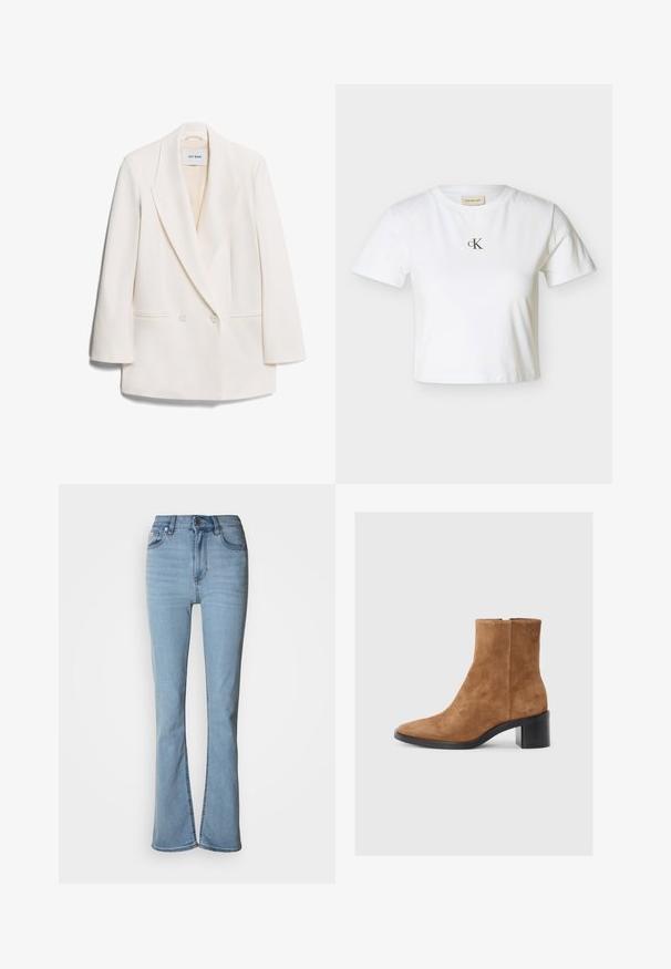 Blazer blanc à double boutonnage avec des revers pointus, deux poches avant et une texture lisse. L'étiquette indique "IVY OAK".; T-shirt blanc court à manches courtes avec petit logo noir "cK" centré sur la poitrine et col rond.; Jean en denim bleu clair avec taille haute, jambes droites et détail d'ourlet fendu aux chevilles. Comprend cinq poches et une fermeture à boutons.; Bottine en suede marron avec un bout pointu, un talon moyen rectangulaire et un discret logo en relief. Fermeture éclair sur le côté.