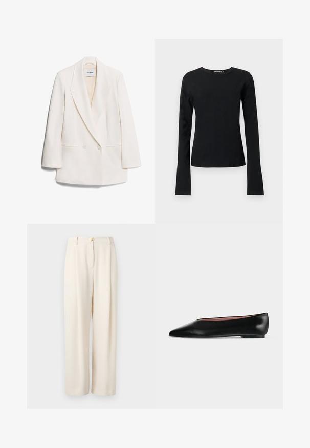 Hvid dobbeltbrystet blazer med skarpe revers, to frontlommer og glat tekstur. Etiketten siger "IVY OAK."; Sort tætsiddende langærmet t-shirt med rund hals og lige kant samt glat stof, vist mod en ensartet lys baggrund.; Beige vide bukser i et glat stof, med enkelt knaplukning, sidelommer og en afslappet pasform for komfortabelt brug.; Sort damesko i læder med flad hæl og spids tå, vist fra siden på en ensfarvet lys grå baggrund.