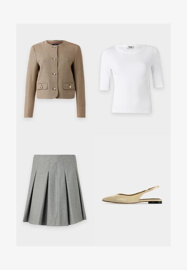 Chaqueta marrón de espiguilla con cuello, mangas largas, cinco botones brillantes y dos bolsillos frontales con solapa. Tejido texturizado con un corte ajustado.; Camiseta blanca de canalé con escote redondo y mangas de longitud hasta el codo. Fabricada con un material suave de textura lisa. Etiqueta visible en el escote.; Falda gris con pliegues hecha de tejido texturizado, que presenta una cinturilla ajustada y un diseño acampanado. Sin hardware ni acentos visibles.; Zapato plano beige con puntera puntiaguda, diseño slingback, tacón bajo negro y acabado en cuero liso, mostrado de perfil sobre un fondo liso.