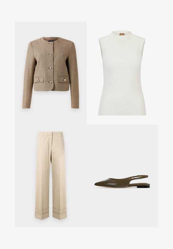 Chaqueta marrón de espiguilla con cuello, mangas largas, cinco botones brillantes y dos bolsillos frontales con solapa. Tejido texturizado con un corte ajustado.; Top blanco sin mangas con un escote alto, que presenta una textura acanalada y un diseño ajustado. Etiqueta de la marca "BOSS" visible en el cuello.; Pantalones beige de corte recto, con un doble puño en el dobladillo y un diseño de frente plano. Fabricados en una tela suave y duradera.; Zapato plano de tacón bajo y tira trasera en punta de color verde oliva con acabado liso y brillante.