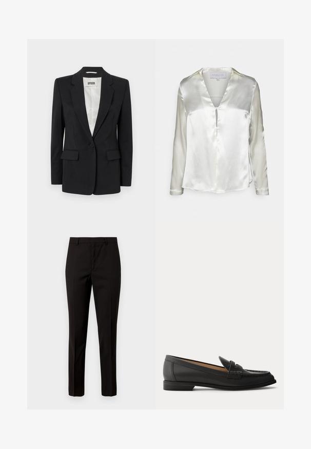 DRYKORN ATLIN - Blazer - black; STUDIO ID ALYSSA - Blouse - champagne; Pantalons noirs ajustés avec une coupe droite, fabriqués en tissu lisse, dotés d'une taille plate et de passants de ceinture. Aucun motif ni accent visible.; Mocassin en cuir noir pour femme avec un petit talon, bout arrondi et détails cousus sur la tige, vu de profil sur un fond uni.